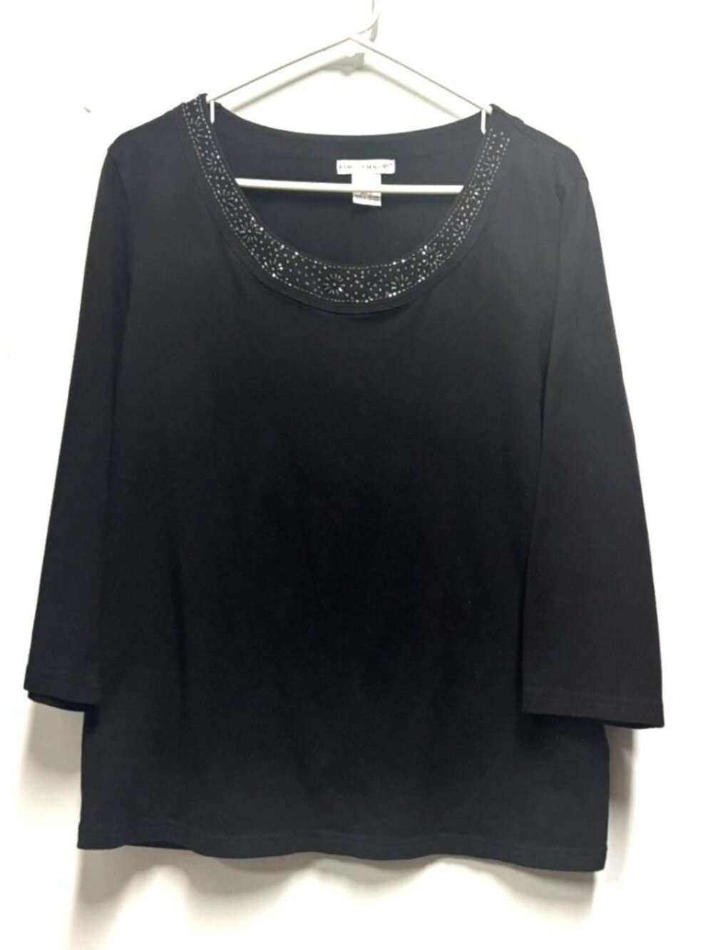 Black Knit Top Tee with Beaded Neck Size Medium  by Rebecca Malone